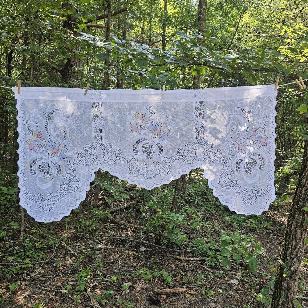 Romantic White Floral Lace Window Valance With Pops Of Color, From Turkey